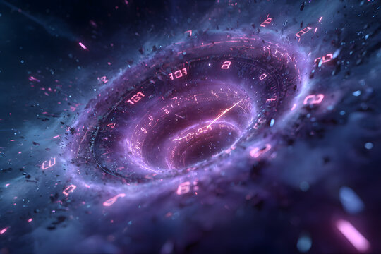 A futuristic violet clock spiraling into an endless neon vortex, glowing with electric blues and purples, with time digits stretching into infinity like a digital wormhole.