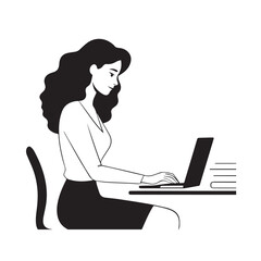 Black and white line art of a beautiful successful career woman working at desk with laptop illustration