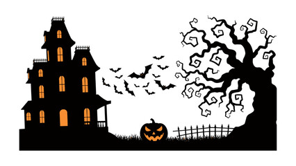 Spooky Halloween Night: An eerie silhouette of a haunted house, a gnarled tree, and flying bats create a spooky atmosphere. A carved pumpkin on the grass with glowing eyes adds to the haunting scene.