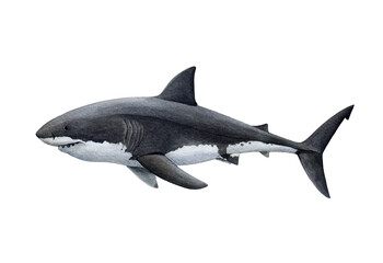Great white shark vintage style watercolor illustration. Hand drawn Carcharodon carcharias salt water fish predator. Single white shark side view isolated on white background