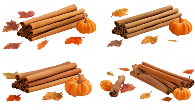 Cinnamon, pumpkins, and autumn leaves, created with AI, PNG