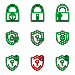 Cybersecurity Icon Set, Digital Security and Protection, Shield and Lock Icons, Safety and Privacy Symbol Collection