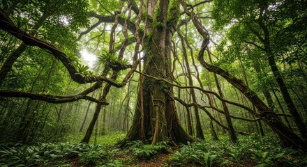 Obraz premium Majestic Ancient Banyan-like Tree with Winding Vines in a Misty, Sunlit Tropical Rainforest