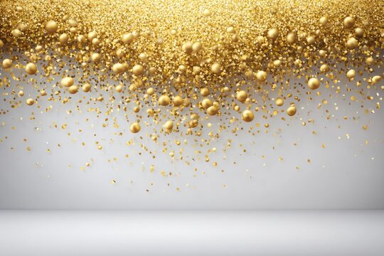 Golden confetti and spheres against a light gray background - Powered by Adobe