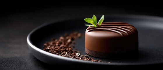 chocolate mousse sweet minimalist concept. Indulgent chocolate dessert on a plate with mint leaves and coffee grounds.