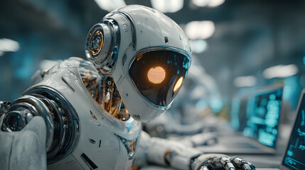 robot working in the office close up. team working on laptop in the office. artificial intelligence. AI generated