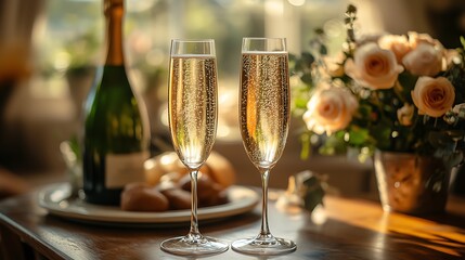 Romantic Setup: Two Flutes of Sparkling Champagne Prominently in Foreground, Plus Champagne Bottle, Pastries & Light Roses in Vase in Background