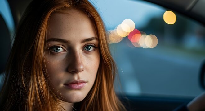 Close-up portrait of a young woman with captivating eyes, seated in a car at twilight, reflecting a thoughtful expression.