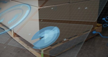 After pause hologram radar scanning boxes on pallet, circle rotating and grid panel displaying code - Powered by Adobe