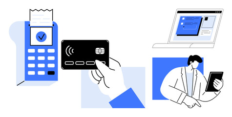 Payment terminal with receipt, contactless payment card in hand, person using tablet, online transaction window. Ideal for finance, e-commerce, digital security, customer service, payment solutions