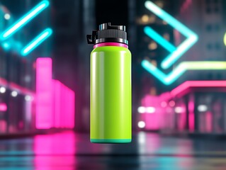 Fototapeta premium A bold green hair dye spray can, suspended midair in a glowing artistic environment with neon highlights
