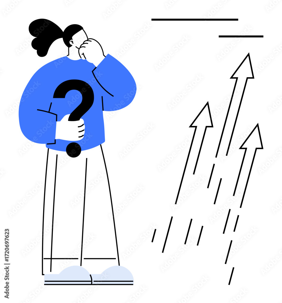 Poster individual holding a question mark, expressing thought and uncertainty, facing arrows symbolizing up