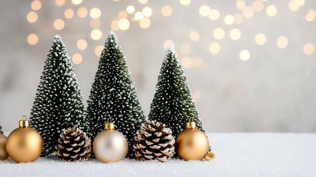 Festive Christmas Scene with Green Trees, Golden Ornaments, and Snowy Underlay Creating a Joyful Holiday Atmosphere 4k video footage