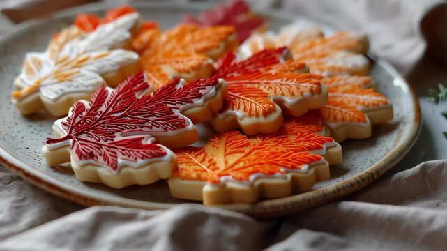 An autumn leaf cookie sugar cookie fall dessert orange red yellow white seasonal treat, festive thanksgiving sweet snack, colorful icing cozy dessert