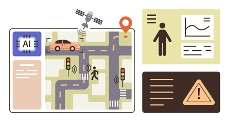 AI-powered car navigating a smart traffic grid with pedestrian detection, satellite GPS, data trends, and alerts. Ideal for technology, transportation, AI, innovation, safety futurism smart city