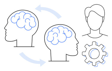 Two outlined brains connected by arrows, a human head, and gear symbolizing idea exchange, creativity, learning, and teamwork. Ideal for education, innovation, communication collaboration