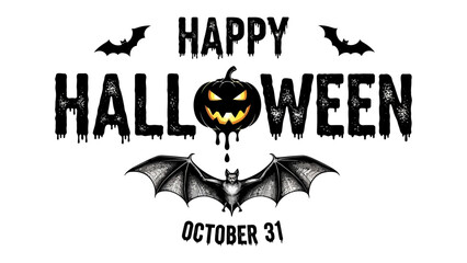 Halloween Greeting Card Design: Spooky Halloween-themed illustration features a carved pumpkin, bats, and the words Happy Halloween and October 31st, perfect for cards and social media.