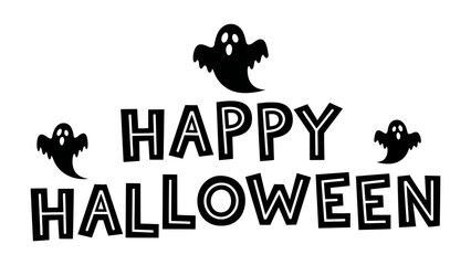 Happy Halloween: Spooky Halloween text with ghosts graphics, perfect for seasonal greetings and event promotions, evoking a festive atmosphere with playful design elements.