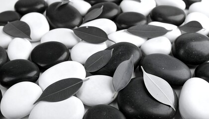 Black and white stones with leaves