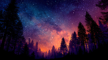 Fototapeta premium Starry Night Sky over Pine Forest