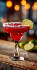 A vibrant red margarita, rimmed with salt, sits on a rustic wooden surface, garnished with a lime wedge.  Blurred warm lights form a bokeh background