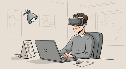Man Experiencing Virtual Reality Work and Leisure in the Digital Age