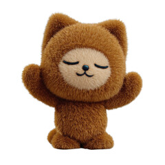 Adorable furry brown character with eyes closed smiling and arms raised
