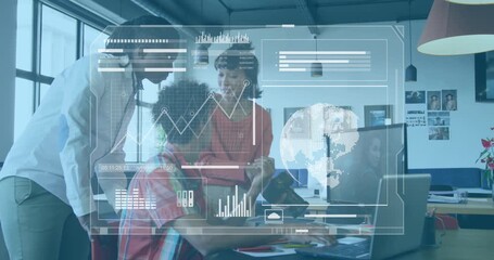 Team gathering around laptop in tech office, holographic overlay appearing, highlighting data trend - Powered by Adobe