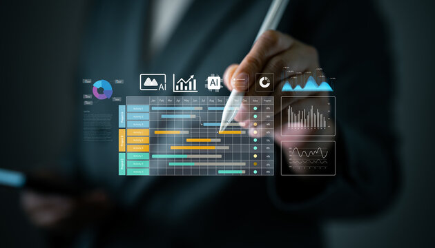 AI driven project management dashboard with Gantt chart, analytics, and data visualization tools. Ideal for business strategy, planning, productivity, timeline, KPI and performance tracking.