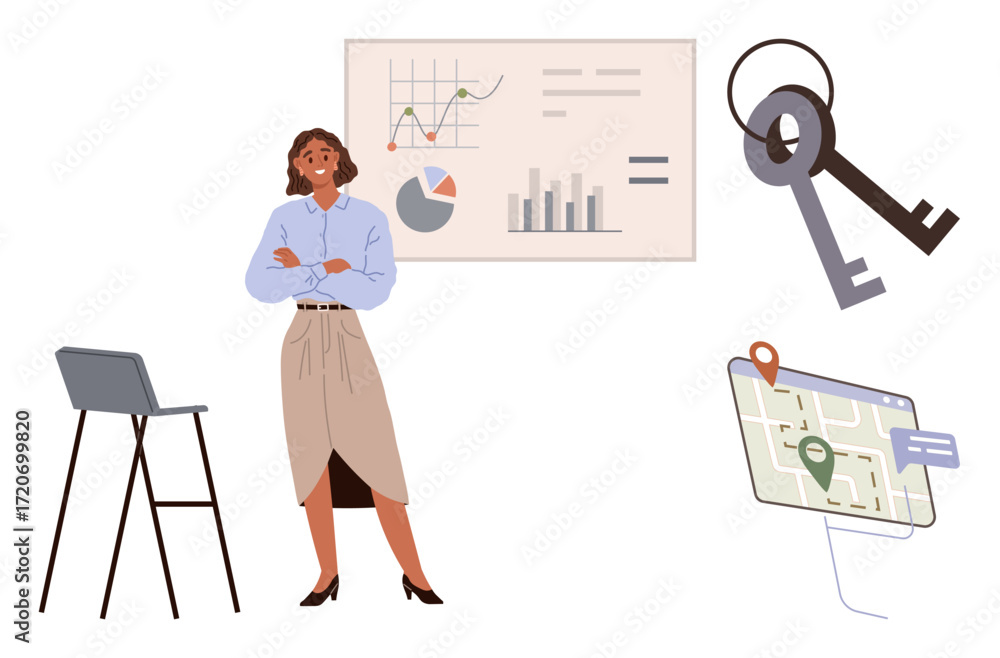 Poster professional woman stands by graphs and charts representing data analysis, with keys symbolizing sec