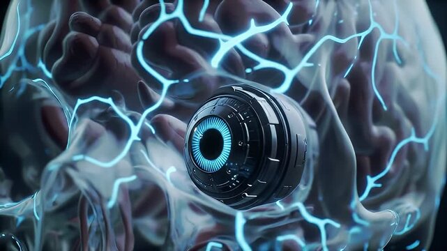 Futuristic cybernetic human with glowing neural connections, innovative technology for medical research simulations and brain-computer interface
