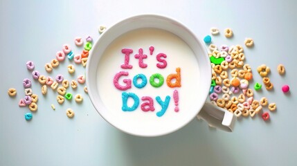 A vibrant cereal bowl spells 'It's a Good Day' in milk, a colorful and joyful breakfast scene