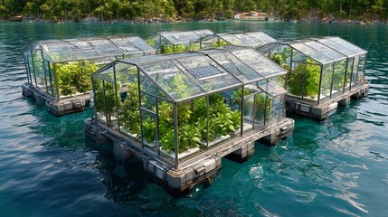 Autonomous floating greenhouses powered by solar-driven hydroponics and AI-controlled nutrient delivery systems for self-sustained agricultural production at sea.