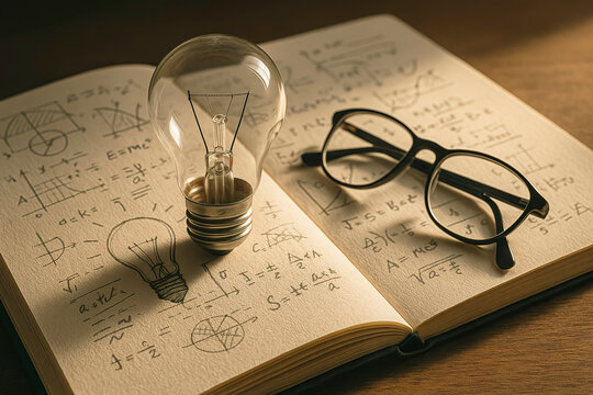 Photorealistic still life of a classic glass lightbulb placed on an open notebook filled with sketched diagrams and equations