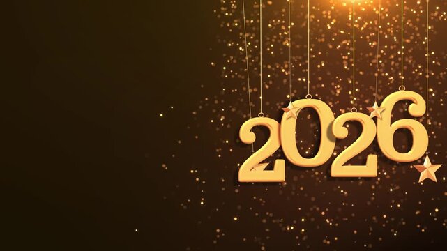 Happy New Year 2026 falling on strings fireworks copy space. Happy New Year greeting card 3D . 2026 gold numbers golden falling confetti decoration glow light effect, festive sparkle in holiday