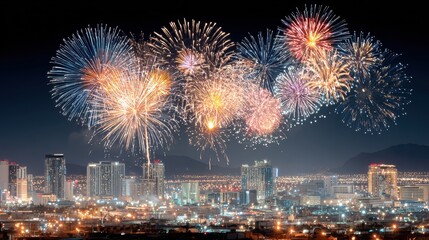 Spectacular Night Sky Full of Colorful Fireworks over Cityscape