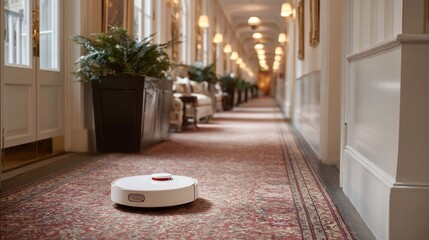 Autonomous indoor delivery systems in hotels use AI to navigate hallways, call elevators, and deliver items to rooms, streamlining guest services and minimizing human contact in hospitality.