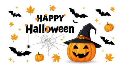 Happy Halloween: A vibrant Halloween-themed design, featuring a grinning Jack-o'-lantern, bats, spiderwebs, autumn leaves and pumpkins to get you in a festive mood. 