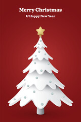 Merry Christmas and Happy New Year calligraphy with 3D decorated white Christmas tree on red vertical background graphic illustration.