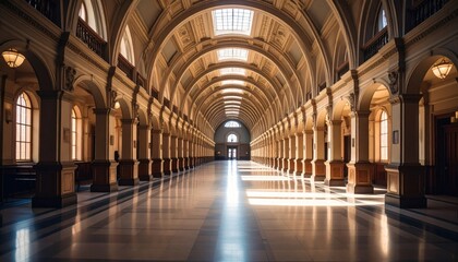 Grand Archway Hall Interior with Architectural Corridor, and Sunlight.