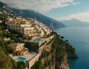 Obraz premium Mediterranean-inspired villa with a sprawling garden and a private beach access in the exclusive Hamptons, New York. A view of the town of Kotor.