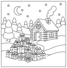 Fototapeta premium Christmas presents illustration stacked outside a cozy log cabin in a snowy forest night with moon and stars creating a festive magical holiday winter landscape scene