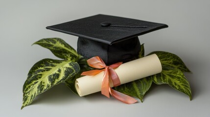 Graduation Cap, Diploma, and Lush Greenery: A Symbol of Academic Achievement and New Beginnings