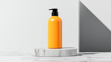 A realistic render of a vibrant yellow hair dye bottle, artistically displayed on a marble platform