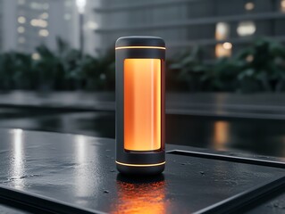 A realistic render of a vibrant orange hair color tube, glowing softly on a sleek metal surface