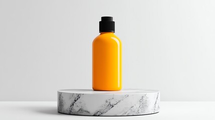 A realistic render of a vibrant yellow hair dye bottle, artistically displayed on a marble platform