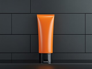 A realistic render of a vibrant orange hair color tube, glowing softly on a sleek metal surface