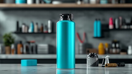 A realistic render of a vibrant teal hair dye tube, placed artistically against a neutral gradient backdrop