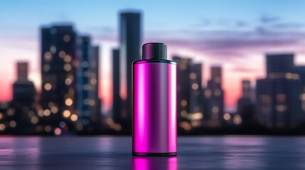 A realistic render of a vibrant purple hair dye tube, placed elegantly on a brushed metal platform