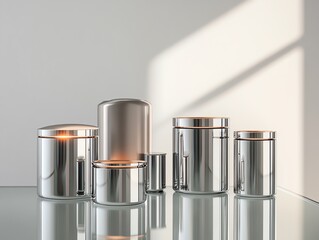 A set of metallic silver hair color jars, artistically arranged on a polished glass table with glowing accents
